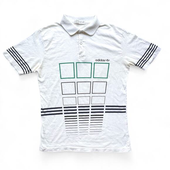 True Vintage 80s Adidas Graphic Print Tennis Polo Shirt Trefoil White S Square - Picture 1 of 10